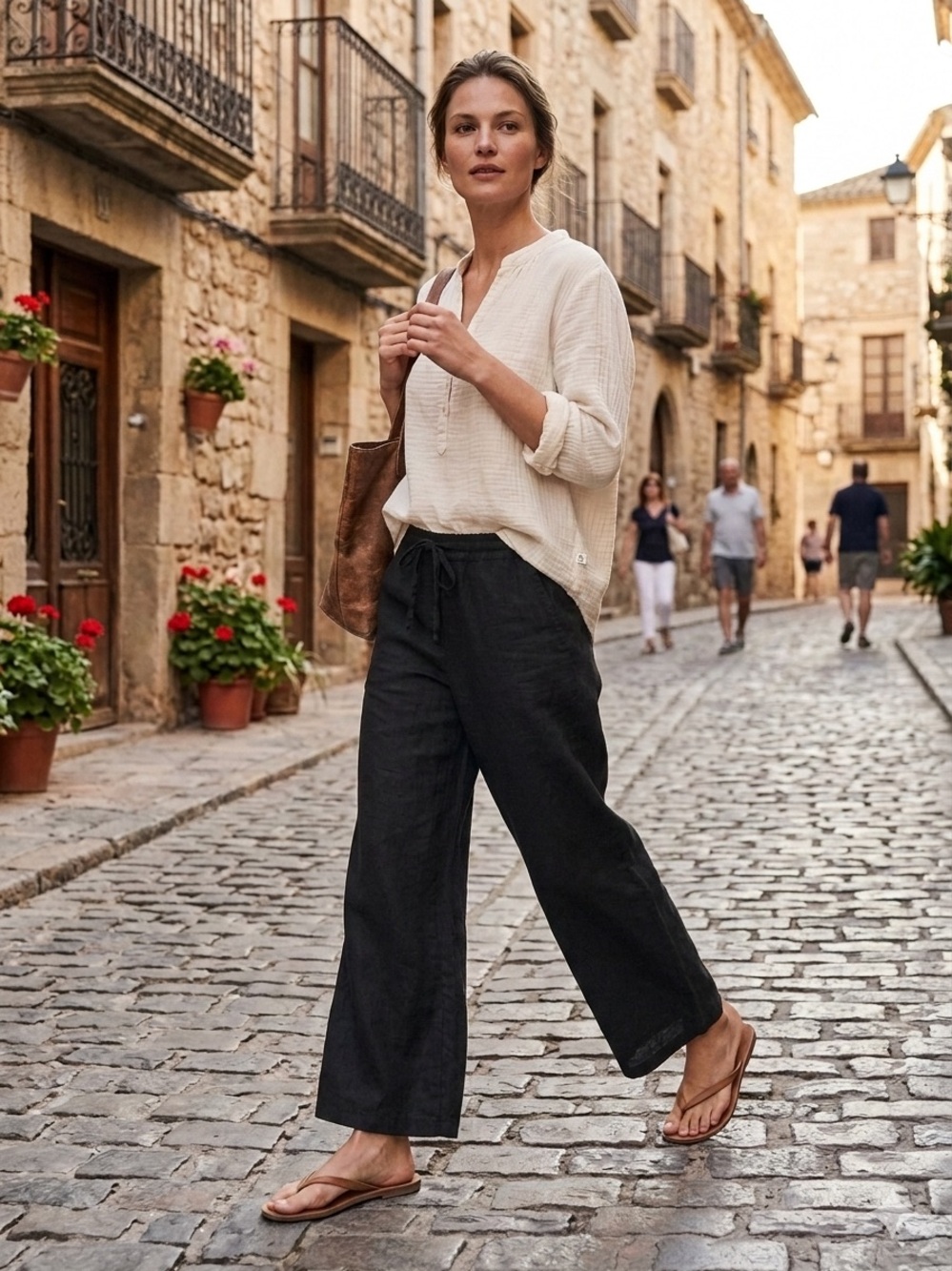 Tommy Bahama Black Linen Drawstring/Button Waist Wide-Leg Pants EUC Size XL